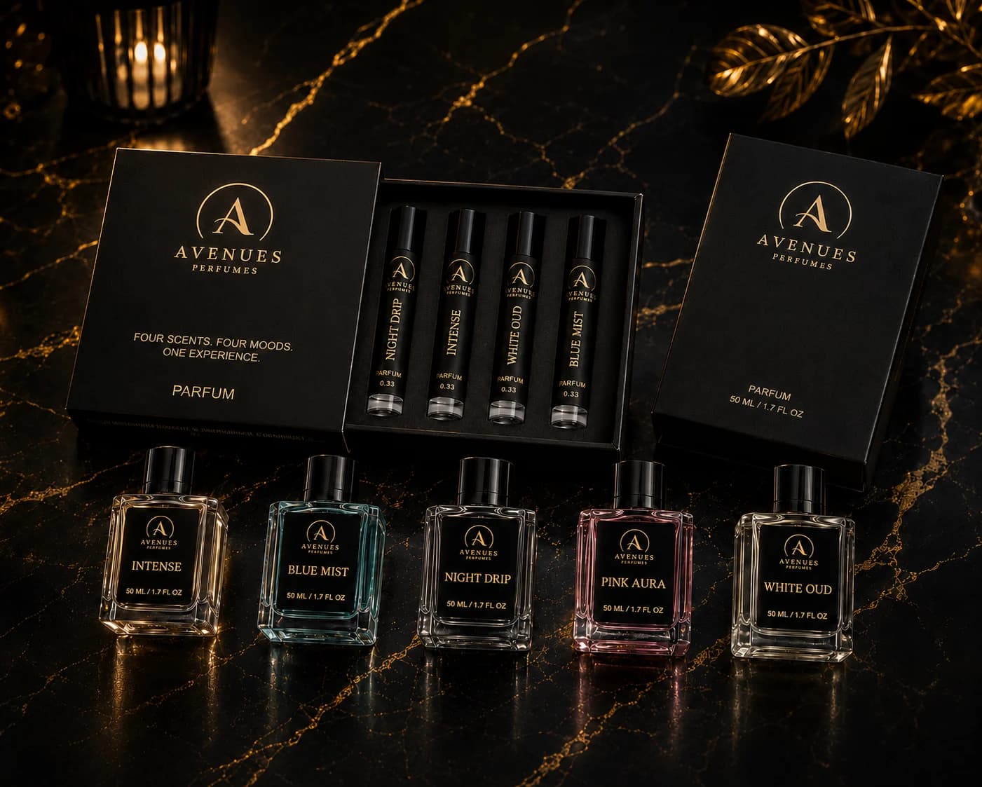 The Avenues range — five eau de parfums and the discovery set.